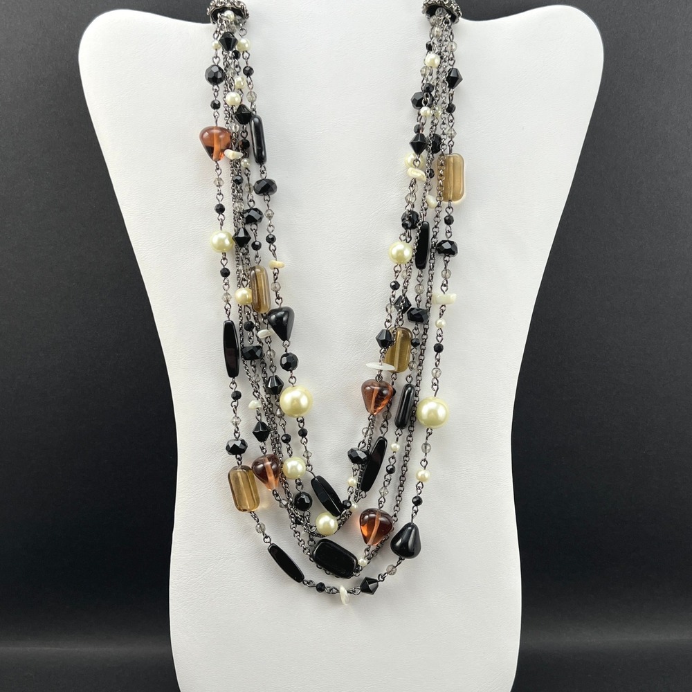 Multi Strand Beaded Necklace Black Brown Cream Faux Pearls 22"